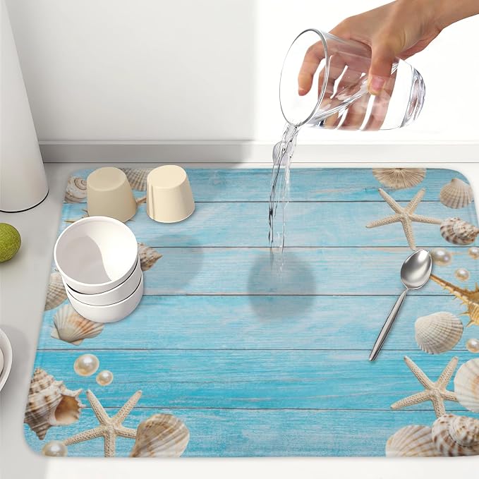 Summer Coastal Dish Drying Mat for Kitchen Counter Seashell Starfish Blue - Image 6