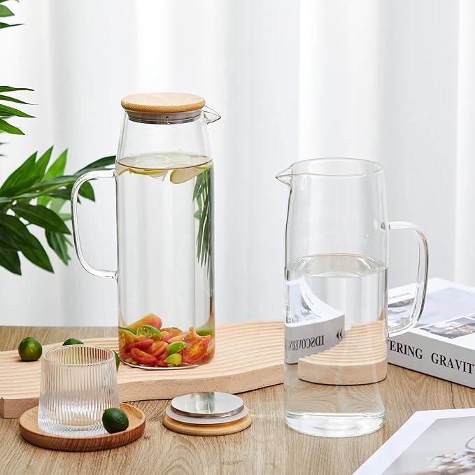 Hsei 2 Sets Glass Pitcher with Lid, 67.6 oz / 2000 ml Water Carafe with Handles - Image 3