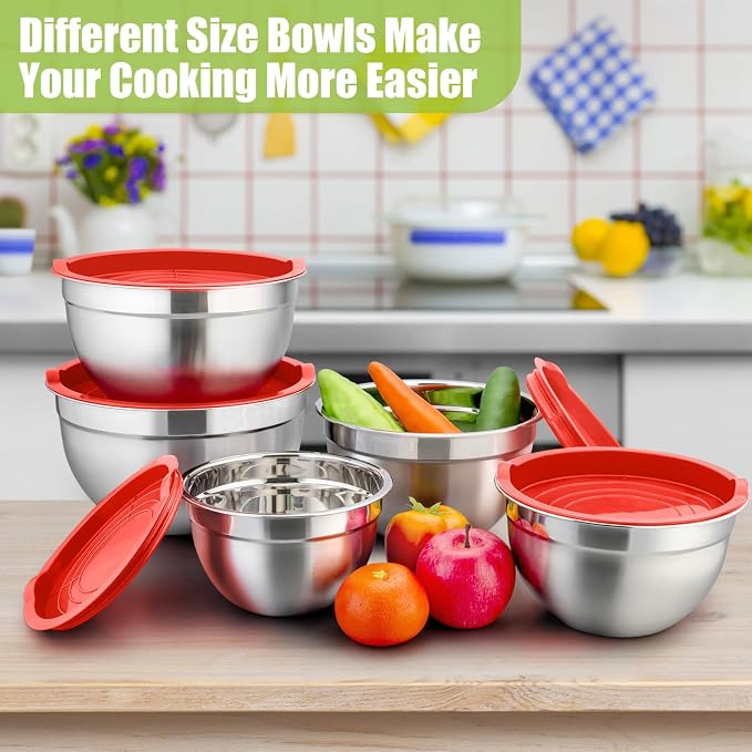 P&P CHEF Mixing Bowls with Airtight Lids Set of 5, 10-Piece Stainless Steel - Image 2