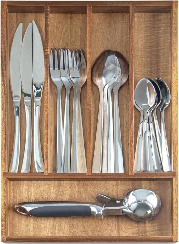 KITEISCAT Acacia Wood Silverware Organizer, Kitchen Utensil Drawer Organizer - Image 4