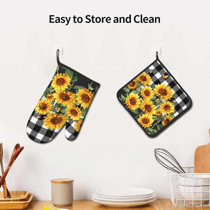 Sunflower Oven Mitts and Pot Holders Sets of 2 Buffalo Plaid Kitchen Mitts - Image 6