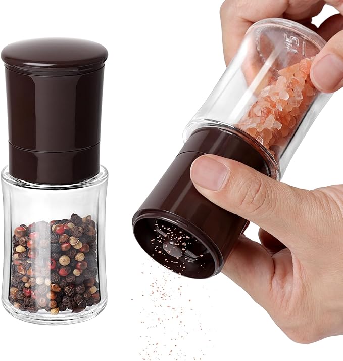 Vzaahu Salt and Pepper Grinder Set Brown, Refillable Small Shakers, Adjustable by vzaahu
