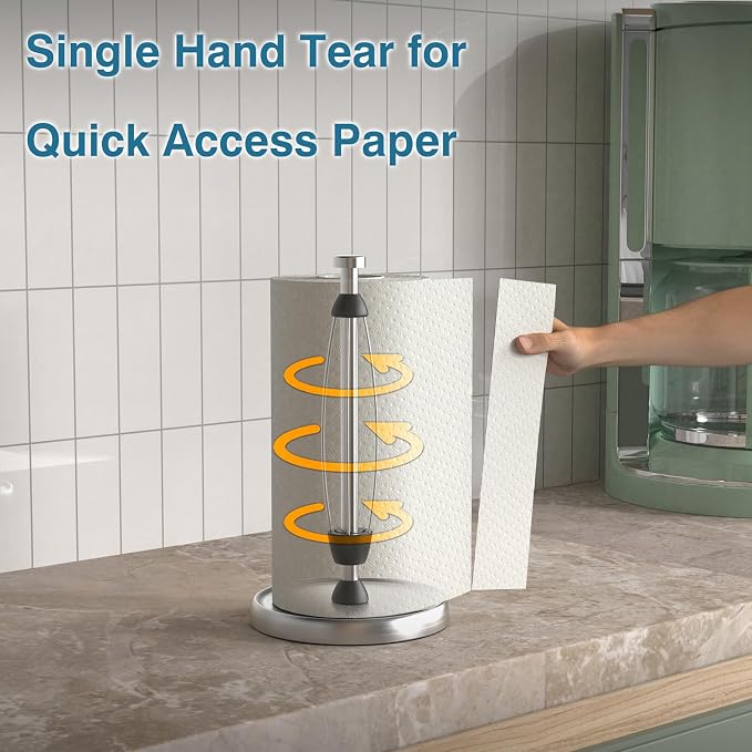 Paper Towel Holder Countertop, One-Handed Tear, Stainless Steel, Weighted Base - Image 3