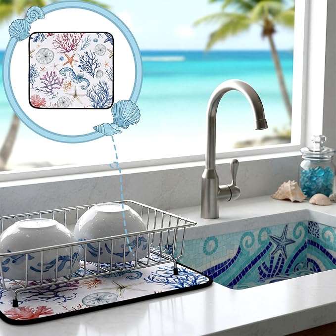 Breling Summer Dish Drying Mat Beach Kitchen Dry Mat 16 x 18 Inch Seahorse Blue - Image 4