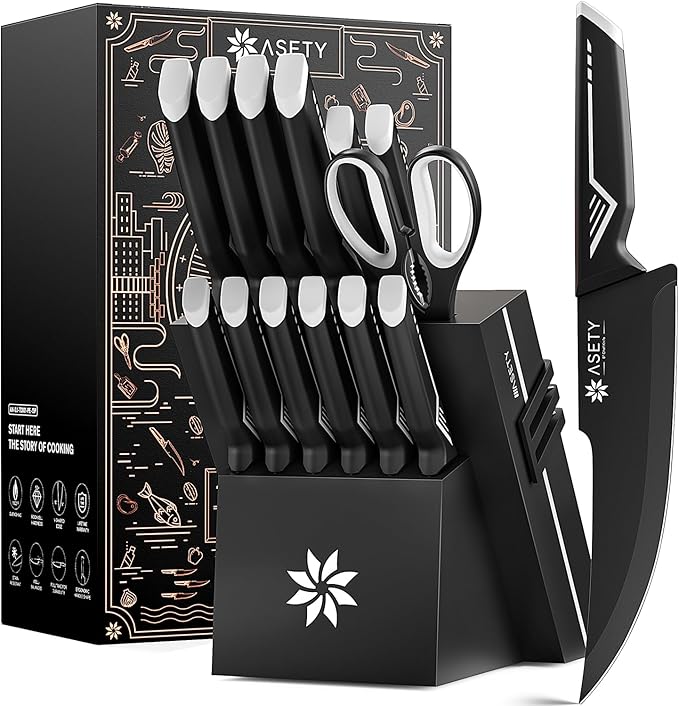Knife Set - 15 PCS Kitchen Knife Set - Stainless Steel Knife Block Set - by ASETY