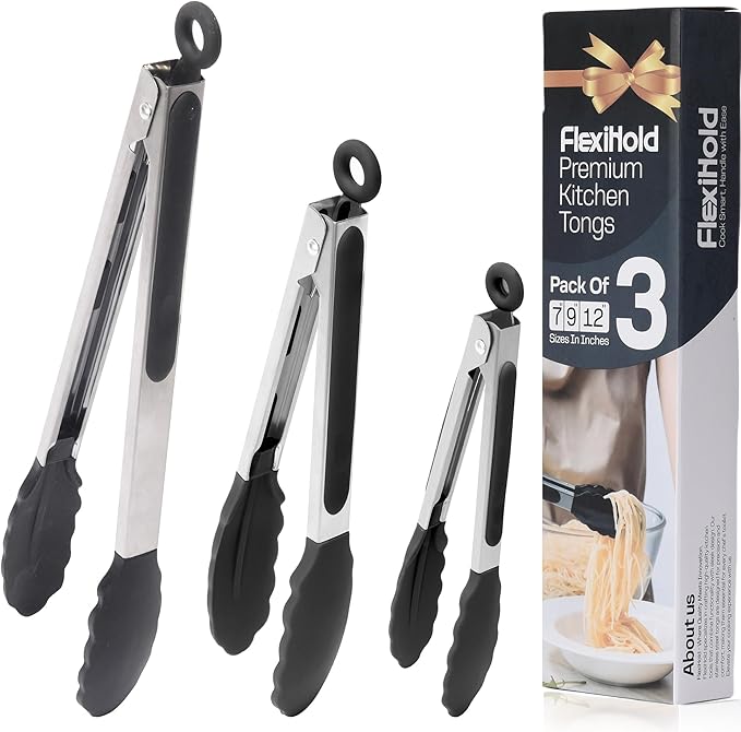 Pack of 3 Stainless Steel Kitchen Tongs by FlexiHold