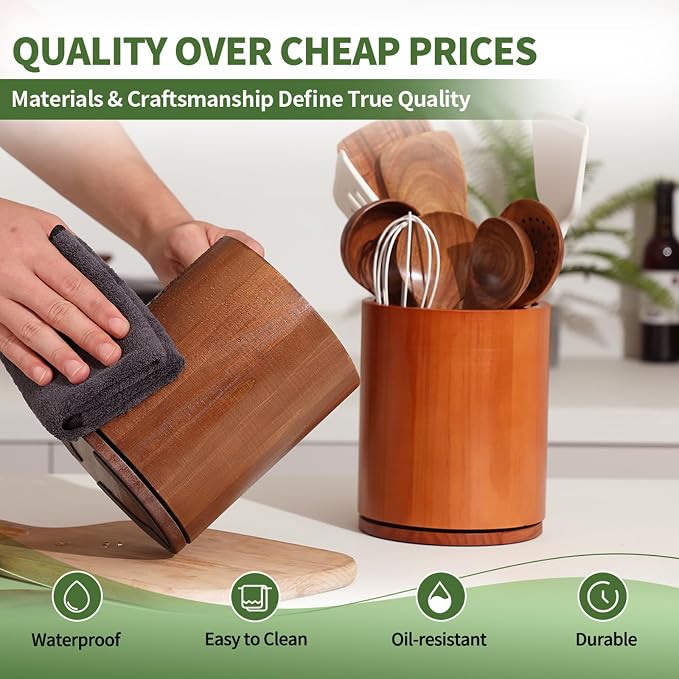 Wooden Utensil Holder, 360°Rotating 7.3'' Large Utensil Holder - Image 4