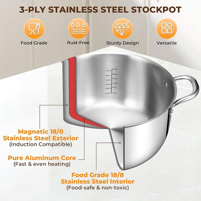 Tri-Ply Stainless Steel Stock Pot, 12 Quart Heavy Duty Induction Cooking Pot - Image 4
