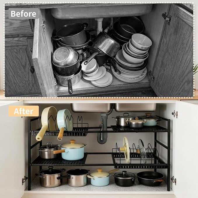 Pots and Pans Organizer Under Cabinet, Expandable Length, Adjustable Height - Image 3