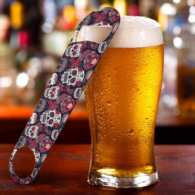 Skull and Flowers Stainless Steel Bottle Opener Day of The Dead Skull Red Peony - Image 5
