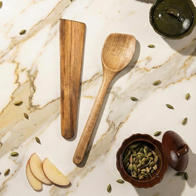 SLATE & ROYCE Wooden Spoon and Spatula Set, 2-Piece Non-Toxic Acacia Wood - Image 2