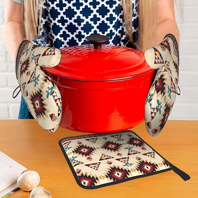 Southwestern Aztec Oven Mitts and Pot Holders Set of 3, Heat Resistant Non-Slip - Image 3