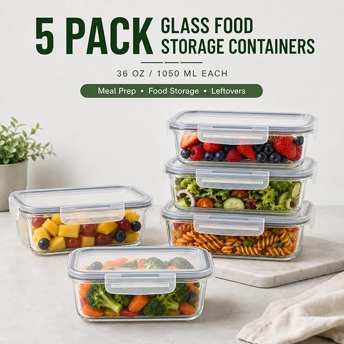 5 Pack 36oz Borosilicate Glass Food Storage Containers Set - Image 6