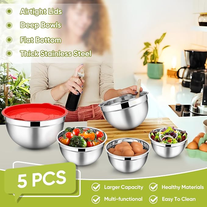 TeamFar Mixing Bowls, 4.5/3/1.5/1/0.7 QT, Stainless Steel Metal Nesting Salad - Image 3
