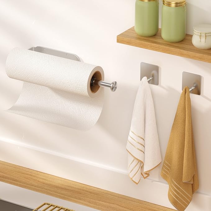 2 Pack Paper Towel Holder Under Cabinet + 2 Towel Robe Hook, Single Hand - Image 2