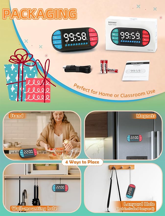 DOOMAY Digital Kitchen Visual Timer: 3.6'' Large LED Display, 3 Brightness - Image 7