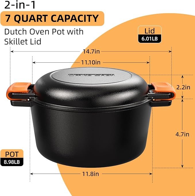 2-in-1 Pre-Seasoned Cast Iron Double Dutch Oven Pot - Image 2