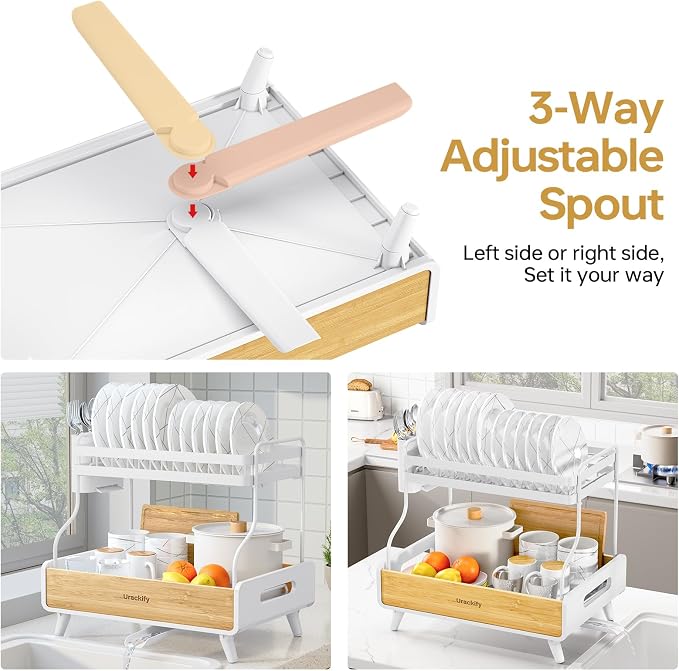 Urackify 2-Tier Dish Drying Rack, Large Stainless Steel & Bamboo Dish Rack - Image 4