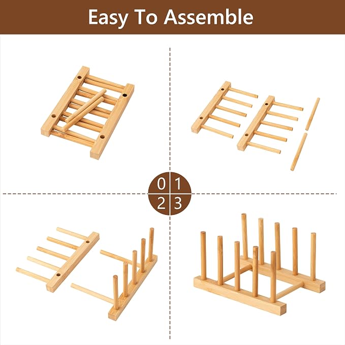 HBlife 4pcs Bamboo Dish Plate Bowl Cup Book Pot Lid Cutting Board Drying Rack - Image 7