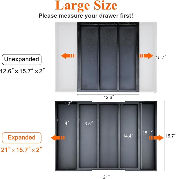 Expandable Large Kitchen Utensil Drawer Organizer Storage Black Bamboo - Image 2