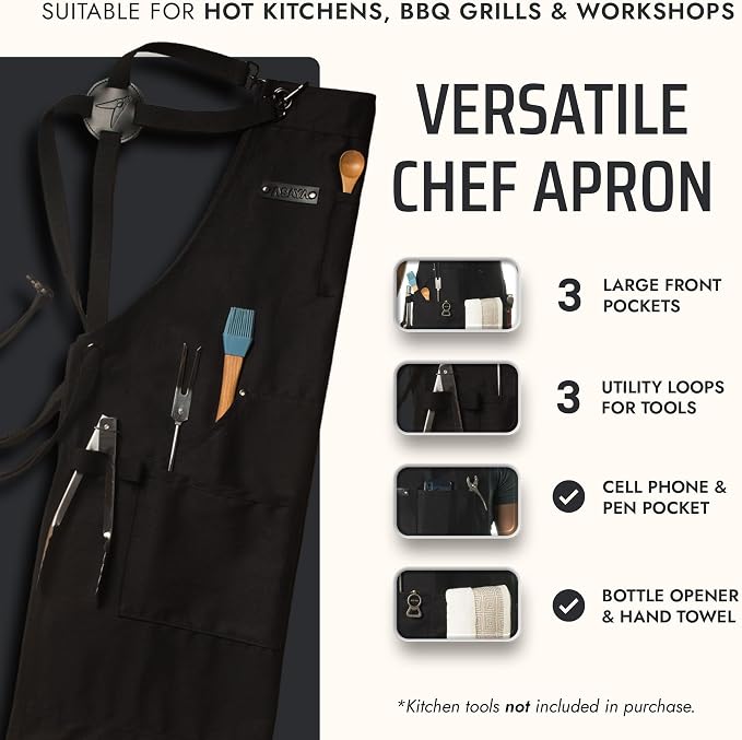 Asaya Chef and BBQ Apron with Bottle Opener and Hand Towel - 10oz Cotton Canvas - Image 2