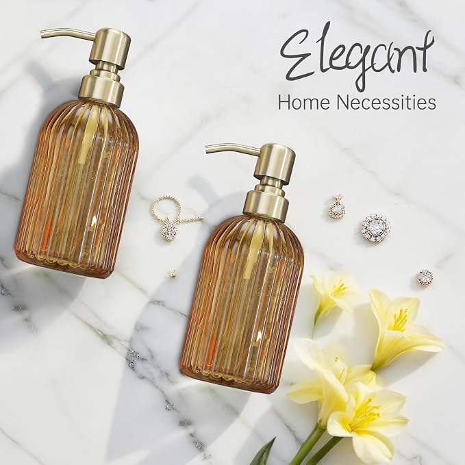 16 OZ Amber Glass Soap Dispenser, Amber Stripe Bathroom Hand Soap Dispensers - Image 5