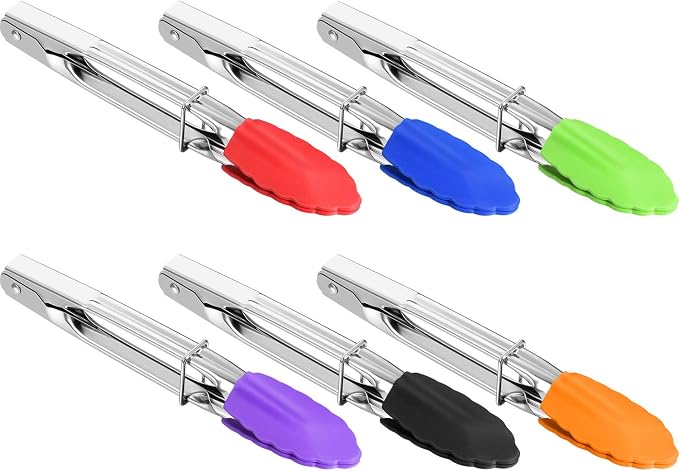 6 Pieces 7 Inch Mini Silicone Tip Tongs Kitchen Serving Tongs Small Metal by Mudder