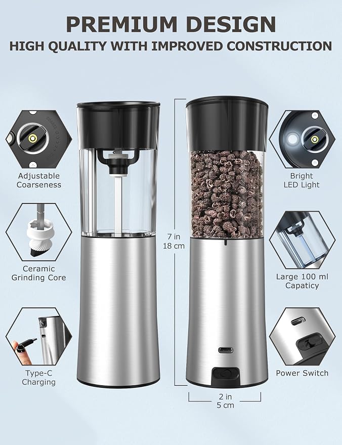 innhom Gravity Electric Salt and Pepper Grinder Set Stainless Steel Salt - Image 2