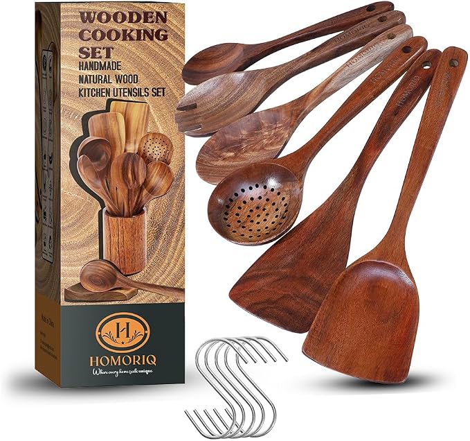 6-Piece Teak Wooden Cooking Utensils Set – Heat-Resistant Spoons & Spatulas | by Unknown