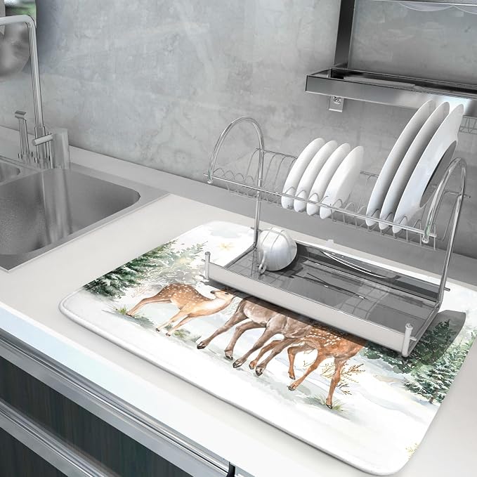 Winter Deer Dish Drying Mat for Kitchen Counter Xmas Trees Snowflake Festival - Image 5