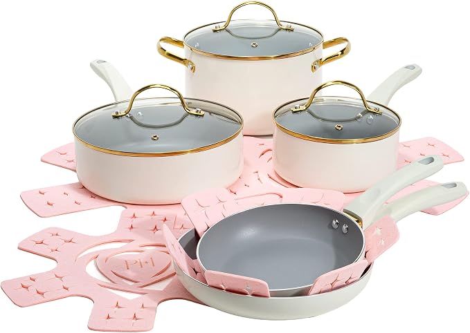 Paris Hilton Epic Nonstick Pots and Pans Set, Tempered Glass Lids, Soft Touch by TheWorldofParisHilton