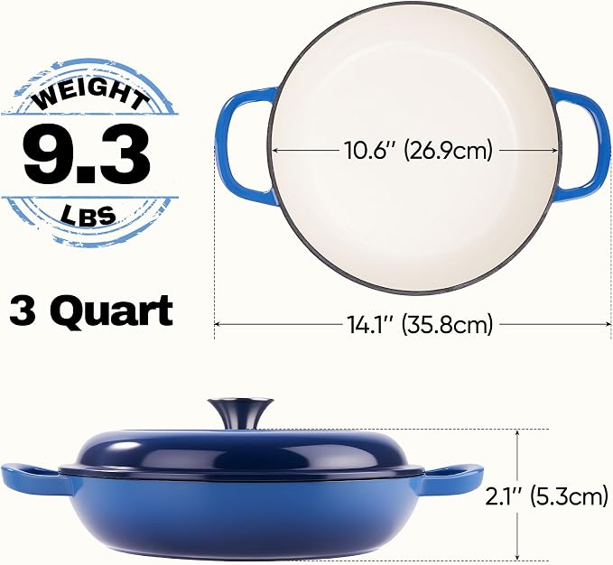 3 Quart Enameled Cast Iron Braiser, Non Stick Enameled Cast Iron Skillet - Image 4