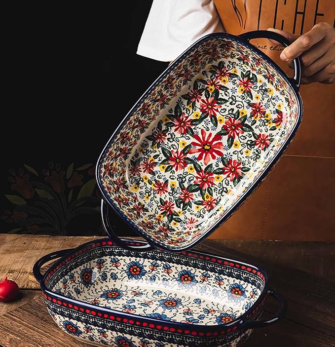 Red Daisy Flower Vintage Style Ceramic Bakeware Casserole Dish Baking Pan - Image 5