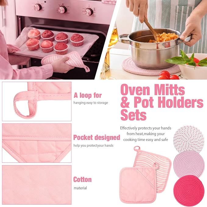 Sumind Pink Oven Mitts and Pot Holders 7 Sets, Heat Resistant Kitchen Gloves - Image 5
