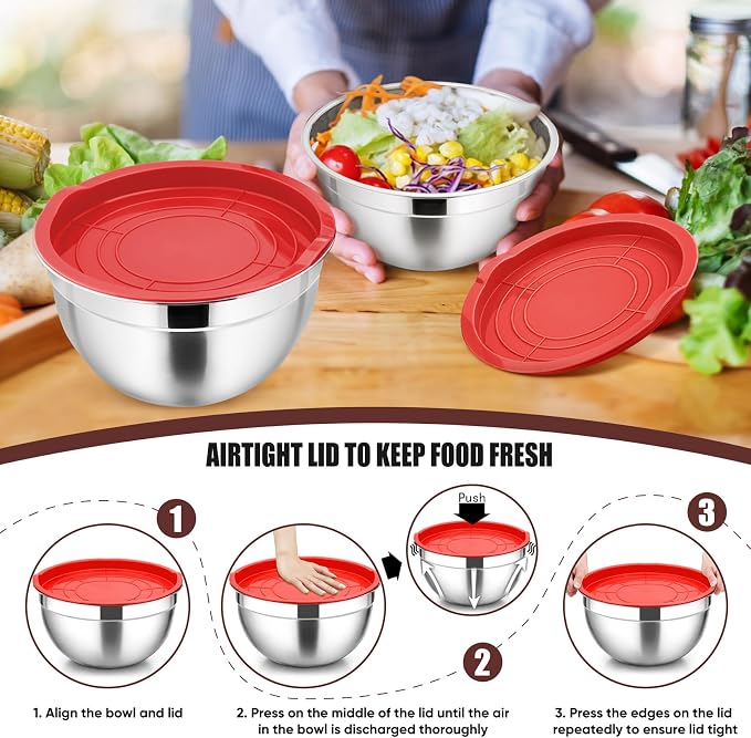 P&P CHEF Red Mixing Bowls with Lids, Stainless Steel Salad Nesting Bowl - Image 7