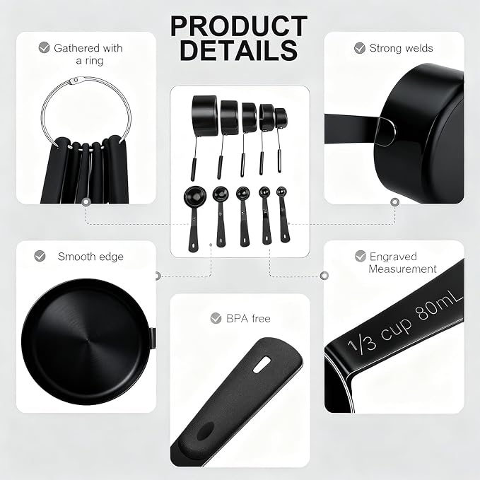 Bopei Measuring Cups and Spoons Set, Titanium-Plated Matte Black Stainless - Image 3
