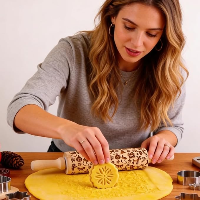 Wooden Embossed Rolling Pin for Baking & Crafts-Easy to Clean, Lightweight - Image 5