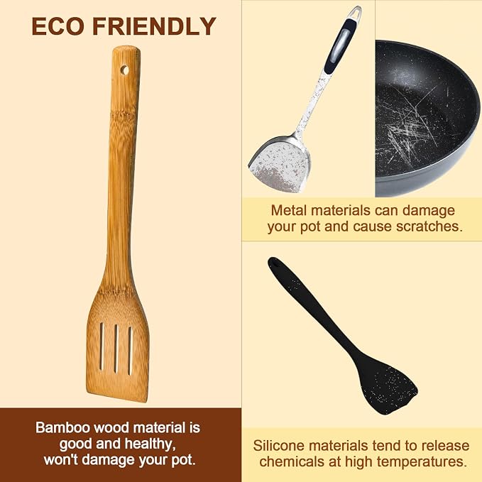 Eisinly Wooden Spoons for Cooking 7-Piece, Kitchen Nonstick Bamboo Cooking - Image 6