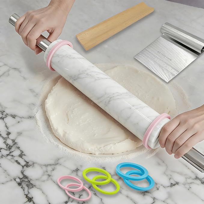 White Marble Rolling Pin with Stainless Steel Handles Baking Set - Image 2