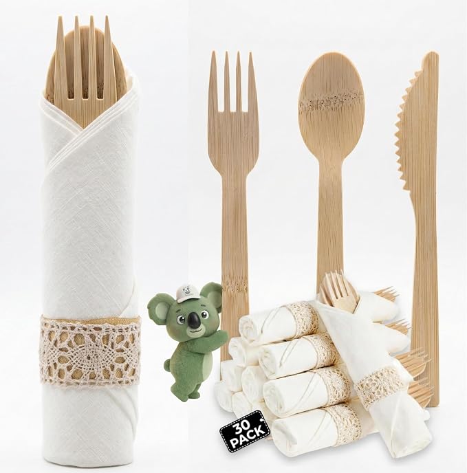 Pre Rolled Napkin and Bamboo Cutlery Set by KoalaLove