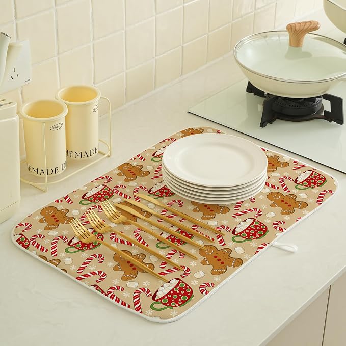 Christmas Dish Drying Mat 18x24 Inch Winter Brown Gingerbread Man Dish Drainer - Image 2