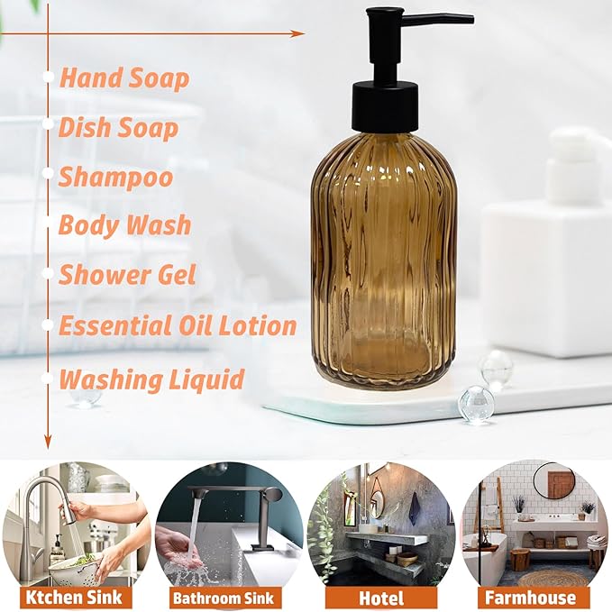 14Oz Black Pump Glass Soap Dispenser, - Image 6