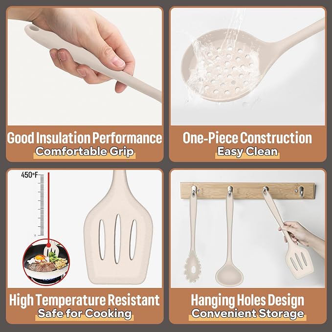 Silicone Kitchen Utensils Set, E-far 23 Pcs Khaki Cooking Utensils Tools - Image 2