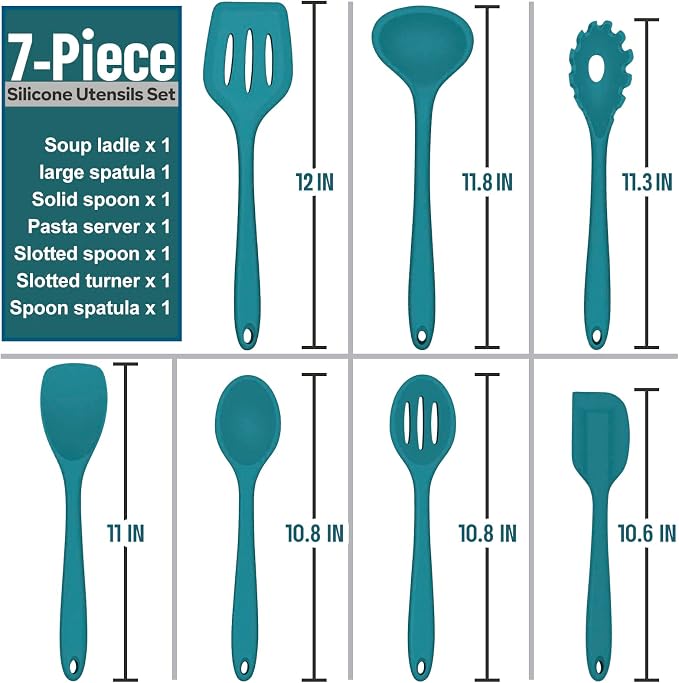 Silicone Cooking Utensils Set, E-far 7-Piece Blue Heat Resistant Kitchen - Image 5