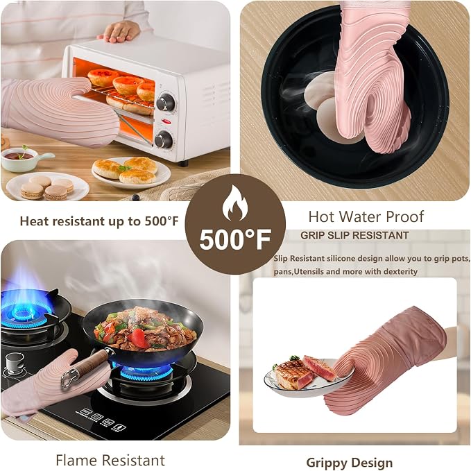 Silicone Oven Mitts-13.6 in Extended Oven Mitts Heat Resistant 500F, Oven Gloves - Image 4