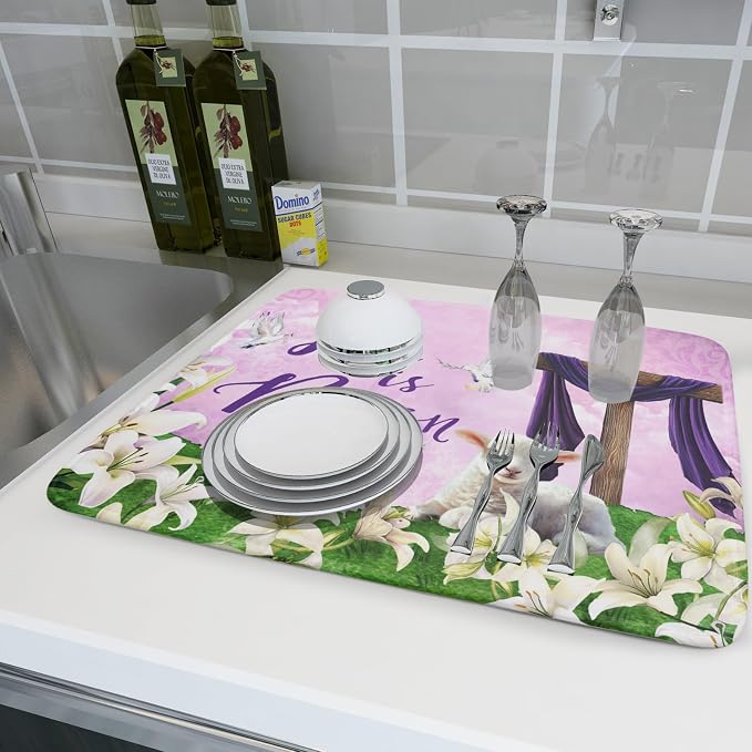 Giwawa Easter Purple Dish Drying Mat, He is Risen Cross Lamb Floral Dish - Image 6