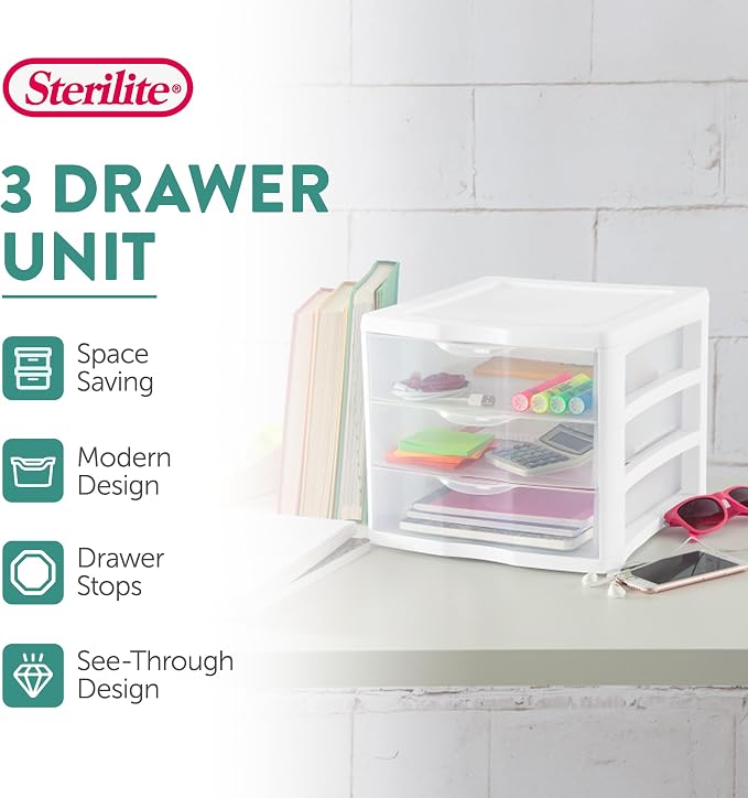 Sterilite ClearView Compact Stacking 3 Drawer Storage Organizer System - Image 4