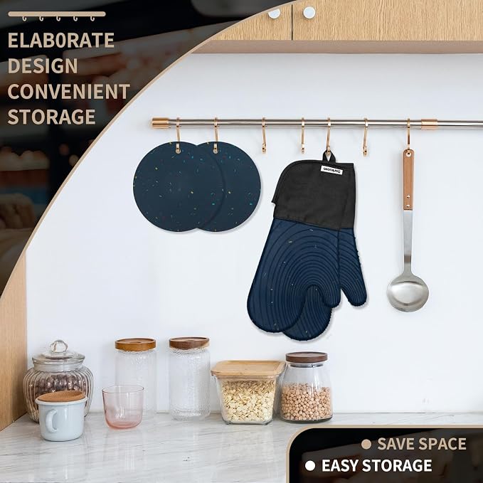 Silicone Oven Mitts, Cotton Lined Gloves, Long Cooking Mitts and Trivet Mats - Image 6