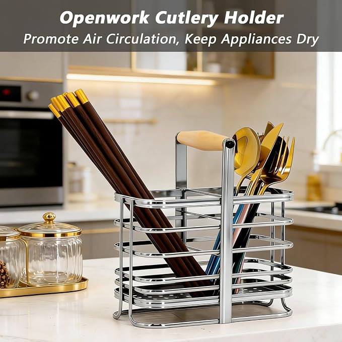 Caliamary Utensil Holder, Stainless Small Stainless Steel Cutlery Drainer Caddy - Image 2