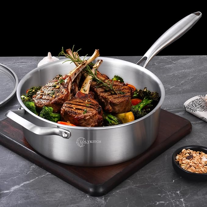 LOLYKITCH 5 QT Tri-Ply Stainless Steel Sauté Pan, 12 Inch Deep Frying Pan - Image 4